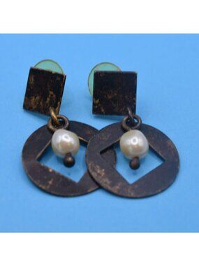 Vintage Brass Geometric Dangle Earrings With Faux Pearl Accents